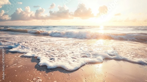White ocean waves on the beach on a romantic morning. AI generated photo