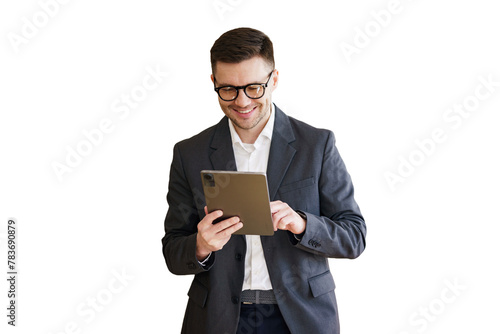 A positive manager with glasses in a suit uses a tablet office employee chief secretary. Transparent background.
