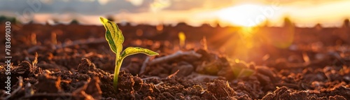Young plants sprouting from fertile soil at sunrise. New beginnings and growth concept