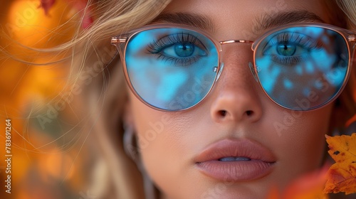 portrait of young woman wearing sunglasses with background as yellow blue wall, Generative Ai 