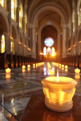 Candlelit cathedral interior, soft stained glass light, wide angle, spiritual solace