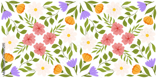 Seamless pattern showcasing floral elements. Botanical-inspired recurring design with lilac, orange, and white flowers, pink cherry blossom, various leaves.