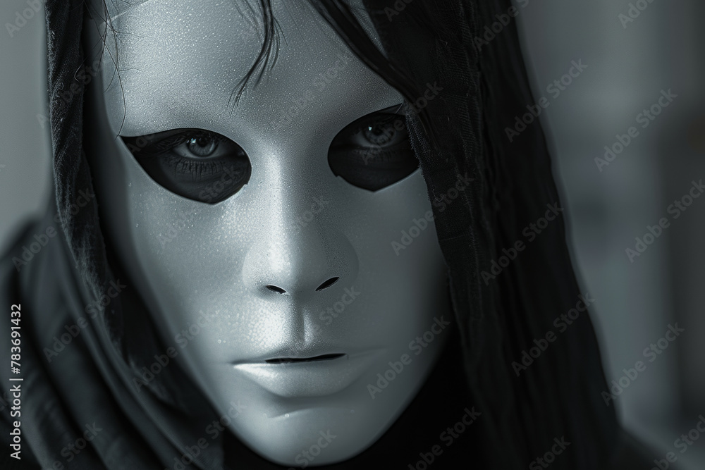 Mysterious Masked Figure with Intense Gaze in Monochrome Mysterious Masked Figure with Intense Gaze in Monochrome