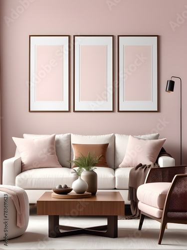 Poster frame mockup on the wall of pink living room  home interior mockup  frame mockup