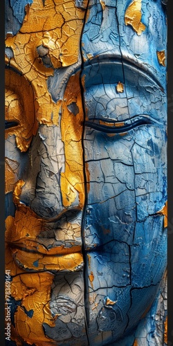 Close up of a face painted in blue and gold