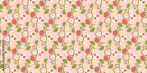 Strawberry-themed seamless pattern design featuring delightful berries, flowers, green leaves, and a tiny bee. Recurring surface design suitable for kids clothing, textiles, wrapping paper