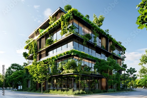  Modern building with greenery, ecofriendly architecture concept. Exterior of an office or apartment complex adorned with lush vegetation and trees