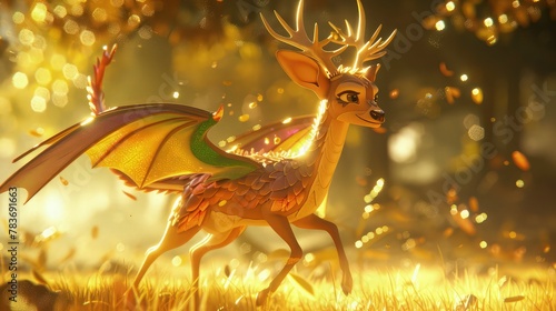A majestic deer with wings standing gracefully amidst the enchanting beauty of a fairy forest, its ethereal presence adding a touch of magic to the serene woodland landscape.