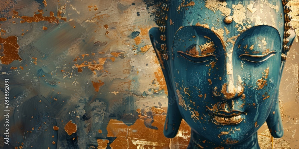 A painting of a blue buddha head