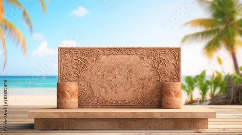 Carved stone tablet on a wooden table by the beach photo