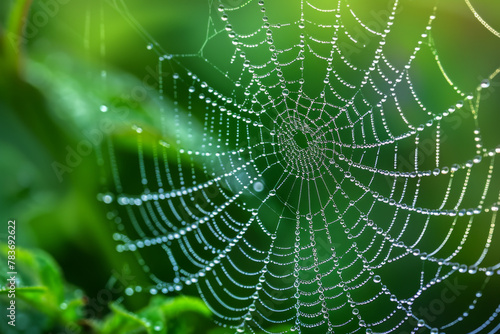 Dew-Covered Spider Web on Green Foliage Background