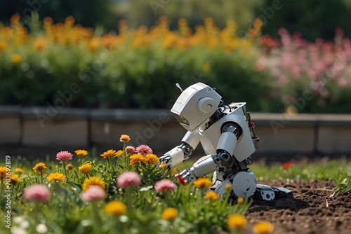 A robot checking flowers in park, robot researching on flowers 