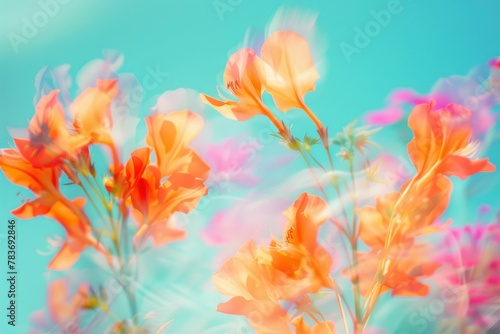 Bright orange flowers in a vase against a blurred blue sky background on a sunny day © VICHIZH