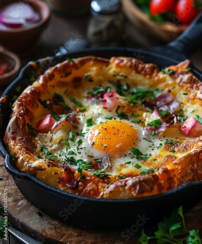 Skillet filled with eggs on wooden table