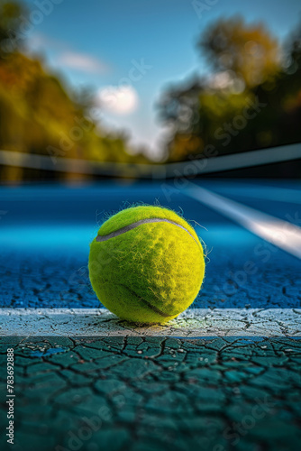 Close-up Tennis Ball on Court with Net and Vibrant Blue Background © smth.design