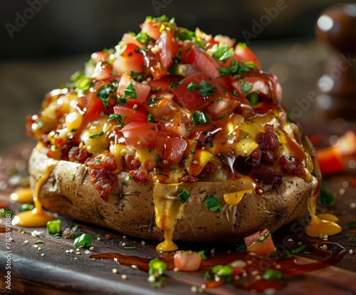 Loaded baked potato on cutting board