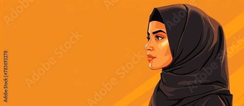 Young Muslim lady wearing a black hijab looking to the side on an orange background, symbolizing Islamic faith and culture © AkuAku