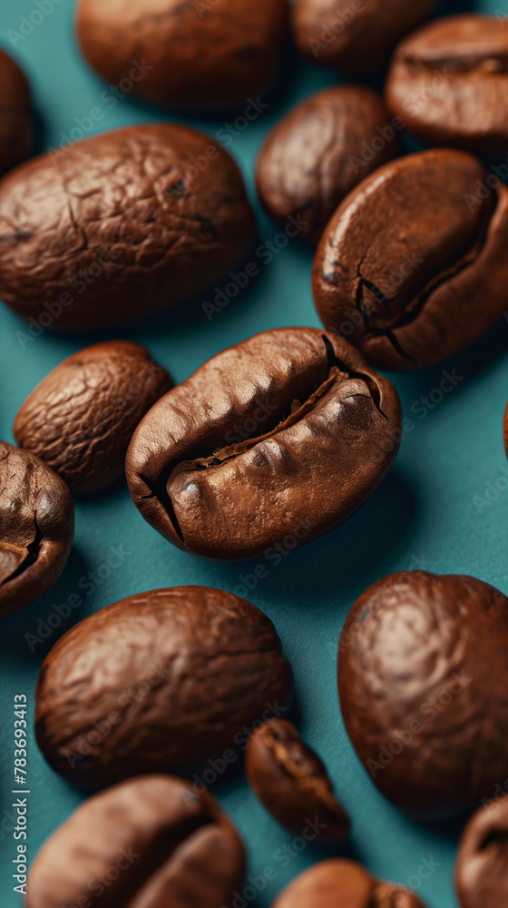 A dynamic close-up of coffee beans on a textured teal background with splashes of dark red, perfect for vibrant cafe branding or artwork.
A dynamic close-up of coffee beans on a textured teal background with splashes of dark red, perfect for vibrant cafe branding or artwork.