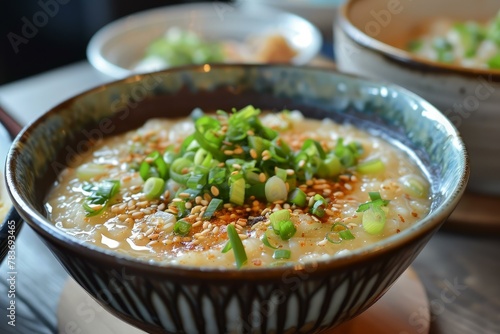 Traditional Asian porridge. Bowl food soup with natural elements. Generate Ai