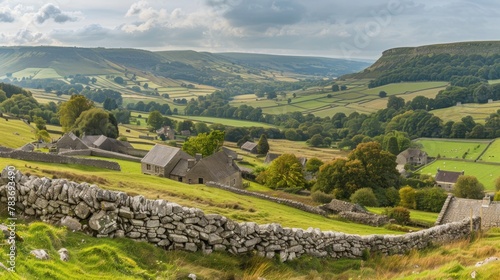 Wide panoramic view of beautiful rural landscape in Yorkshire Dales near Hawes