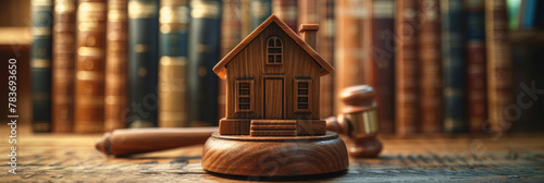 Wooden Gavel and House Model in Law Library - Legal Real Estate Concept