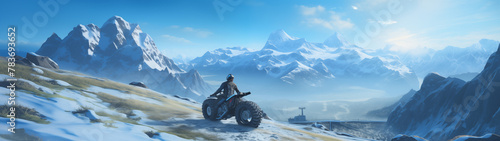 Lone Explorer with ATV in Snowy Mountains