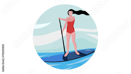 Woman Stand Up paddleboarding , flat color illustration