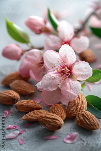 Almond Blossoms and Nuts on a Textured Surface: A Close-Up View