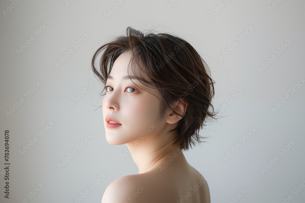 Elegant asian woman with short hair in a serene, soft-lit portrait Elegant asian woman with short hair in a serene, soft-lit portrait