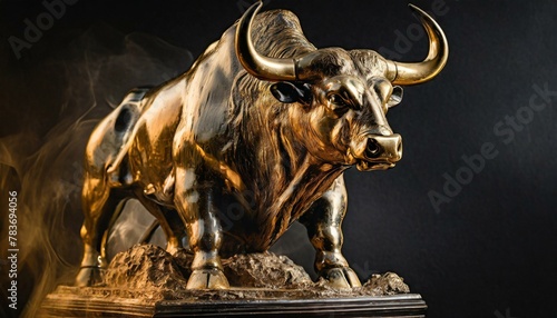 majestic angry bull statue in bronze and gold hues, set against a black background for stock market or cowboy concepts with copyspace area. photo