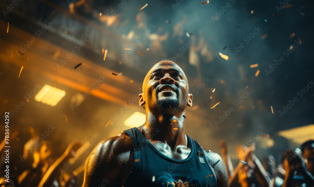 Triumphant African American basketball player dunks powerfully amidst cheering crowd, intense action captured from behind in cinematic sports shot Triumphant African American basketball player dunks powerfully amidst cheering crowd, intense action captured from behind in cinematic sports shot