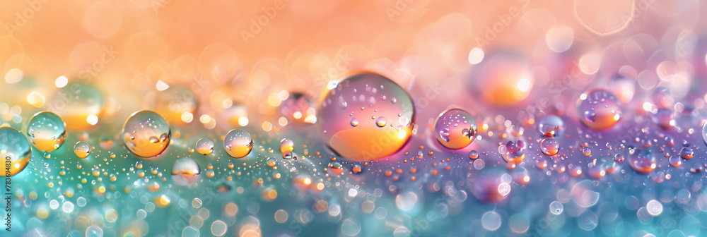 Vibrant Abstract Macro of Water Drops on Colorful Gradient Surface