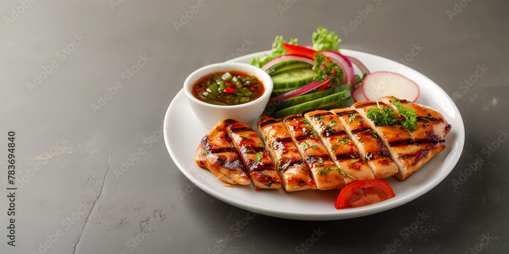 healthy grilled chicken breast with fresh salad on a plate, delicious low carb or ketogenic food