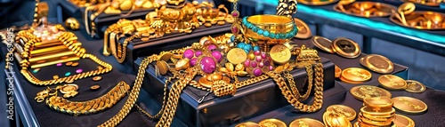 In the market, stalls overflowed with golden artifacts, each piece a testament to the citys lavishness, closeup