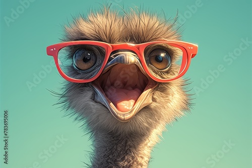 A cute ostrich wearing red glasses, with a happy face and open mouth wide, against a pastel background photo
