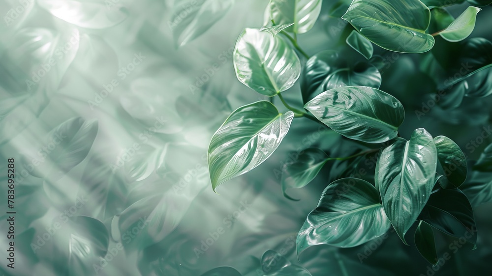 An ethereal scene of intertwining diamond-coated philodendrons against a double exposure background of dark green and light gray, celebrating minimalism and negative space. An ethereal scene of intertwining diamond-coated philodendrons against a double exposure background of dark green and light gray, celebrating minimalism and negative space.