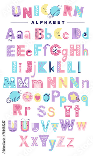 English alphabet of Pastel colors for kids. Doodle font for nursery poster, cards, t-shirts. Hand drawn vector illustration