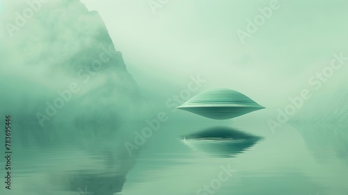 A UFO glides through a serene landscape, seamlessly blending into a minimalistic background of teal and light green, emphasizing the beauty of negative space.