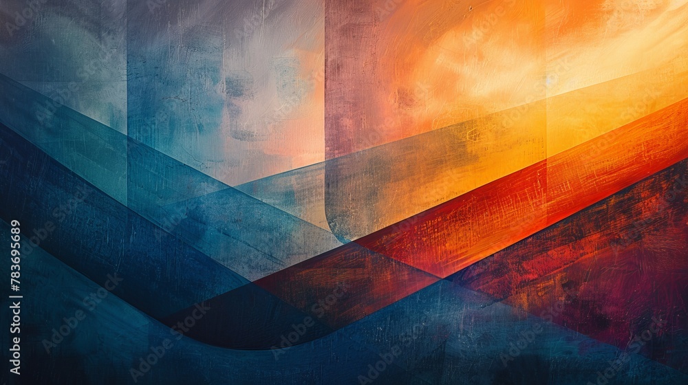 Abstract image featuring cassette tape motifs in deep blue, orange-red, and yellow-orange. Minimal patterns with negative space, evoking a dreamlike sense of maturity. - obrazy, fototapety, plakaty 