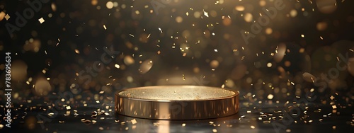 A round podium on the floor with a golden shimmer, with confetti flying around it photo