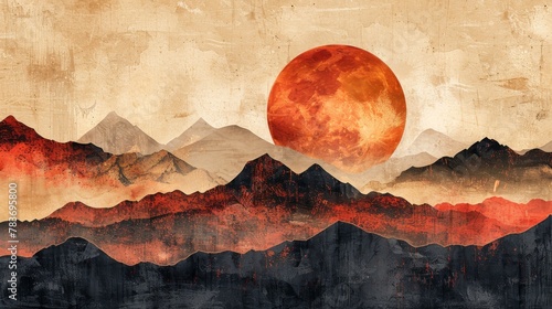 A fusion of sun and moon over a gamer-inspired landscape in dark reddish-brown, taupe, and light peachy brown. Minimalistic with negative space. photo