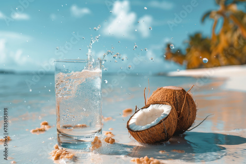 Tropical Splash: Refreshing Coconut and Water Glass on Sunny Beach