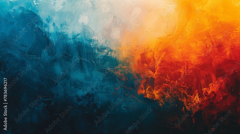 Abstract composition of 'Phantom' intertwined with 'bacteria', featuring deep blue, orange-red, and yellow-orange hues. Minimalist style with emphasis on negative space.