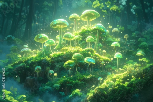 a fantasy forest with glowing mushrooms and moss, cute, dreamy © Photo And Art Panda