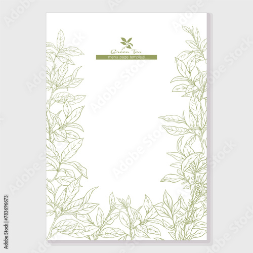 Green tea branch with leaves Border, frame, template for menu page, product label, cosmetic packaging. Vector illustration. In botanical style