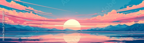 A flat vector illustration of the sunrise over mountains and sea, with simple vector art in the style of flat colors at a high resolution.