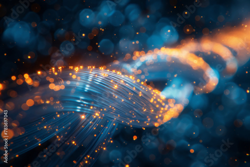 Glowing Fiber Optic Cable with Abstract Light Bokeh Background