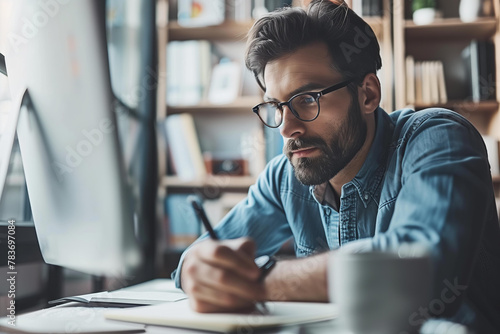 male entrepreneur working at home office, writing in notebook while sitting near computer and looking to the screen. man wearing glasses thinking about new ideas for business plan or making website 