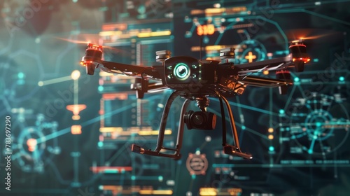 Quadcopter drone with camera flying in a high-tech environment. Advanced surveillance and photography concept. Technology and innovation theme for design and print. Futuristic unmanned aerial vehicle.