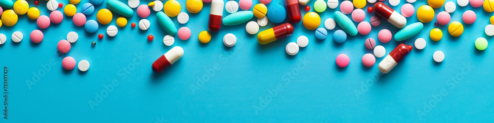 Assorted Medication Pills and Capsules on Blue Background Assorted Medication Pills and Capsules on Blue Background